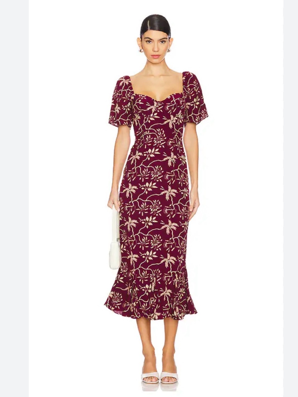 RHODE Burgundy Floral Puff Sleeve Ruffle Hem Midi Dress Size 6